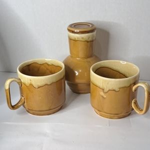 2 Drip Glaze Japanese  Mugs and Pottery tea canister with Lid  Mid Century